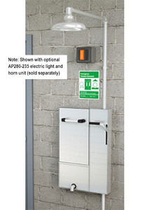 A photograph of a GBF2173 surface mounted on a cinderblock wall with an optional AP280-230 electric light/horn (sold separately).