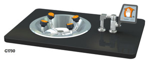 A photograph of a Guardian G1730 WideArea™ Eye/Face Wash, Recess Deck Mounted, Ball Valve with Flag Handle mounted in countertop (countertop not included).