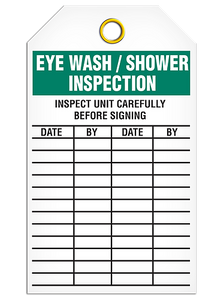 This safety tag reads "Eye Wash/Shower Inspection" in bold white text on a green background at the top. Beneath this are the instructions stating to "Inspect Unit Carefully Before Signing" in plain black text. Four columns are headed by the words "Date, By, Date, By" respectively.