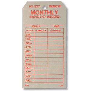 A photograph of a 09250 economy single-sided fire extinguisher monthly inspection tag, with 50 per package.
