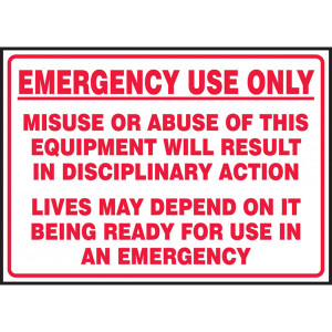 A photograph of a red and white 09383 emergency use only fire extinguisher and equipment decals, with 5 per package.