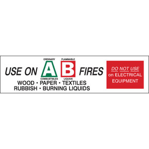 A photograph of a 09397 AB fire extinguisher class lettered labels, with 6 per package.
