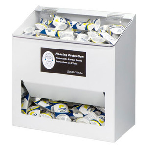 A photograph of a white 06010 large capacity ear plug dispenser.