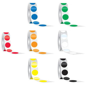 An image of 7 rolls of different colored spot floor markers, partially unrolled.