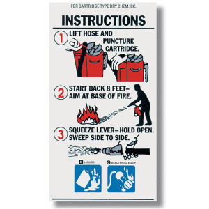 A photograph of a 09966 BC cartridge extinguisher instructional label.
