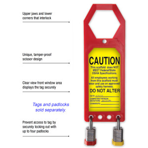 A photograph of an annotated 12256 secure-status safety tag holders for scaffolds, confined space and more with status tag and safety padlocks installed.