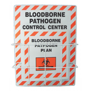 A photograph of a 08051 bloodborne pathogen plan binder in storage rack.