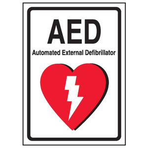 A photograph of a 13005 AED label reading AED automatic external defibrillator with graphic.