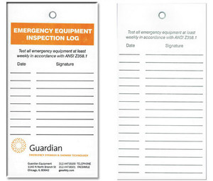 A picture of the front side (left) and back side (right) of the Guardian 250-060R Emergency Equipment Inspection Log Tags, 20/pkg