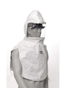 A photograph of a Bullard 20TICS Tychem QC hood equipped on a mannequin.