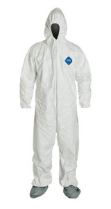 A photograph of white 15023 Tyvek® coveralls, with zipper front, elastic wrists and ankles, hood, and boots.