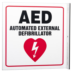 Picture of the AED Automated External Defibrillator Wall-Projecting L-Sign w/ Heart Icon.