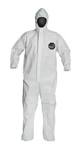 A photograph of front of a 15026 Proshield® 50 coveralls, with zipper front, elastic wrists and ankles, and hood.
