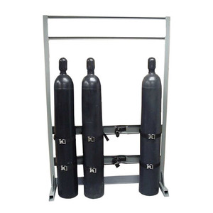 A photograph of a 26023 4-cylinder gas cylinder process station with dual struts in use on three gas cylinders.