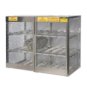 A photograph of an aluminum 26053 12-cylinder horizontal LPG cylinder locker.