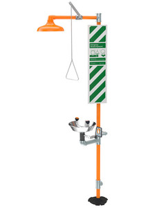 A photograph of the AP250-008T Triangular Safety Station Sign for Guardian Safety Stations installed on a Guardian safety station.