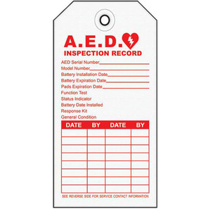 A  photograph of a card-stock 13003 emergency defibrillator (AED) inspection tag, with 10 per package.