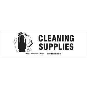 A photograph of a 03419 cleaning supplies cabinet label.