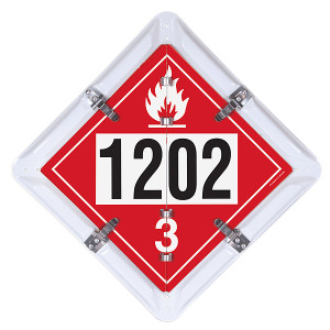 A photograph of a 03190 4-legend dot fuel flip placard systems, un/na numbers 1202, 1203, 1863 and 3475.