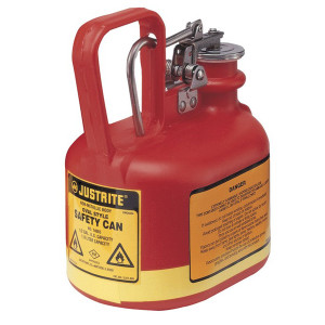 A photograph of a red polyethylene 02122 Justrite type I oval safety can, with 0.5 gallon capacity.