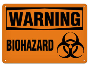 A photograph of a 01576 warning biohazard OSHA sign wit biohazard symbol.