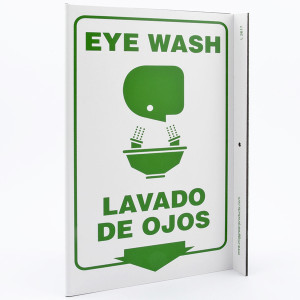 A photograph of a 00263-gl bilingual english/spanish eye wash wall-projecting l-sign w/ graphics.
