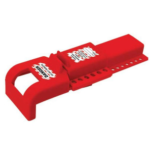 A photograph of a red 07004 Zing butterfly valve lockout device.