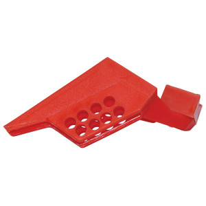 A photograph of a small red plastic 07146 standard ball valve lockout.