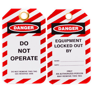 A photograph of front and back of a 07285 Zing Eco danger, do not operate lockout tags with grommets and red and white striping, and 10 per package.
