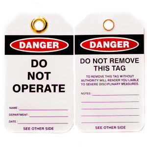 A photograph of front and back of a 07287 Zing Eco danger, do not operate lockout tags with grommets, and 10 per package.