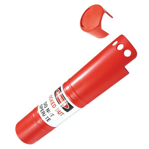 A photograph of a red 07007 Zing pull handle butterfly valve lockout device.