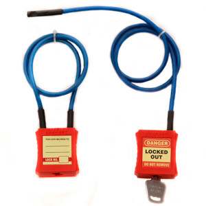 A photograph of a 07134 combination cable and padlock lockout device in locked and unlocked state, available with 1, 2, 3, or 4-foot cable.