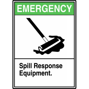 A drawing of a green and white 09393 emergency spill response equipment ANSI sign with graphic.
