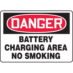 A photograph of a black and white 09394 danger battery charging area no smoking OSHA sign with graphic.