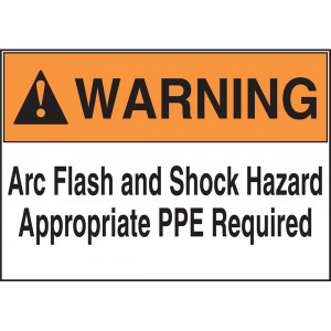A photograph of an orange and white 07301 ANSI basic arc flash label, with 100 per roll.