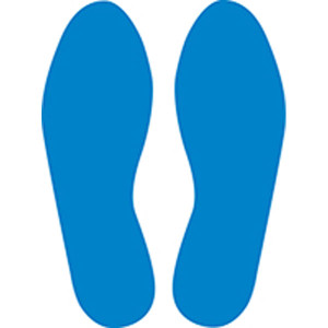 A photograph of a 06436 slip-gard™ vinyl floor marking footprints in solid blue.