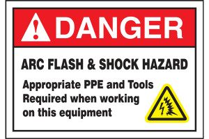 A photograph of a red and white 07333 ANSI danger arc flash label with arc flash icon.