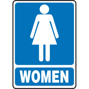 A photograph of a 03458 restroom sign.  The sign has a graphic of woman above the word WOMEN, both in white on a blue background.