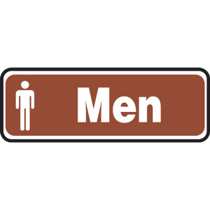 A photograph of a brown and white 03464 men sign with graphic, and dimensions 10" w x  3" h.