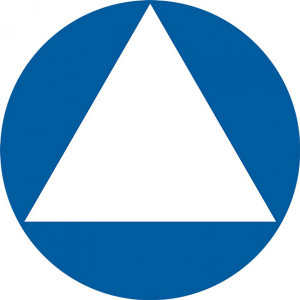 A photograph of a 03481 gender-neutral California Title 24 ADA restroom sign.  This sign has a white triangle on a blue circle.