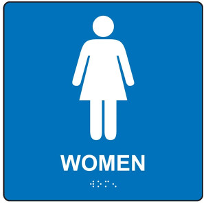 A photograph of a blue 03513 ADA braille tactile restroom sign, reading women with female icon, and dimensions 8"w x 8"h.