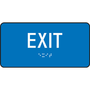 A photograph of a blue 03504-BU-0603 ADA braille tactile sign reading exit.