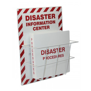 A photograph of a red and white 08217 disaster information center with binder.