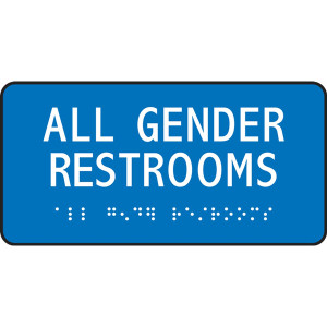 A photograph of a blue 03507 all gender restrooms ADA braille tactile sign, with text only, and dimensions 6" w x 3" h.