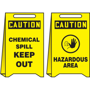 A drawing of front and back of a yellow 40004 reversible caution chemical spill keep out and hazardous area, fold-ups® freestanding sign.