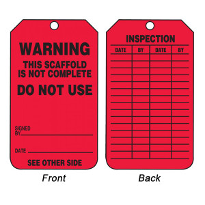 A photograph of front and back of a red 12266 warning this scaffold is not complete do not use, scaffold permit tag.