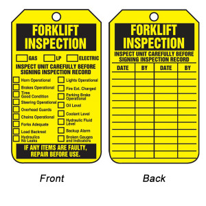 A photograph of front and back of a yellow 12286 forklift inspection tag.