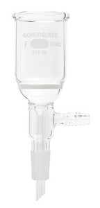 A photograph of a CG-1406-46 30 mL Büchner funnel  with 14/20 joint and vacuum takeoff.