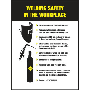 A photo of Safety Poster 11009.  The words "WELDING SAFETY IN THE WORKPLACE" are in yellow on a black background at the top of the poster.  Black graphics of a welding helmet, torch and oxygen cylinder are on the left.  Bulleted safety point are to the right of the graphics.