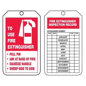 A photograph of front and back of a 09381 fire extinguisher p.a.s.s. tag w/ inspection record.